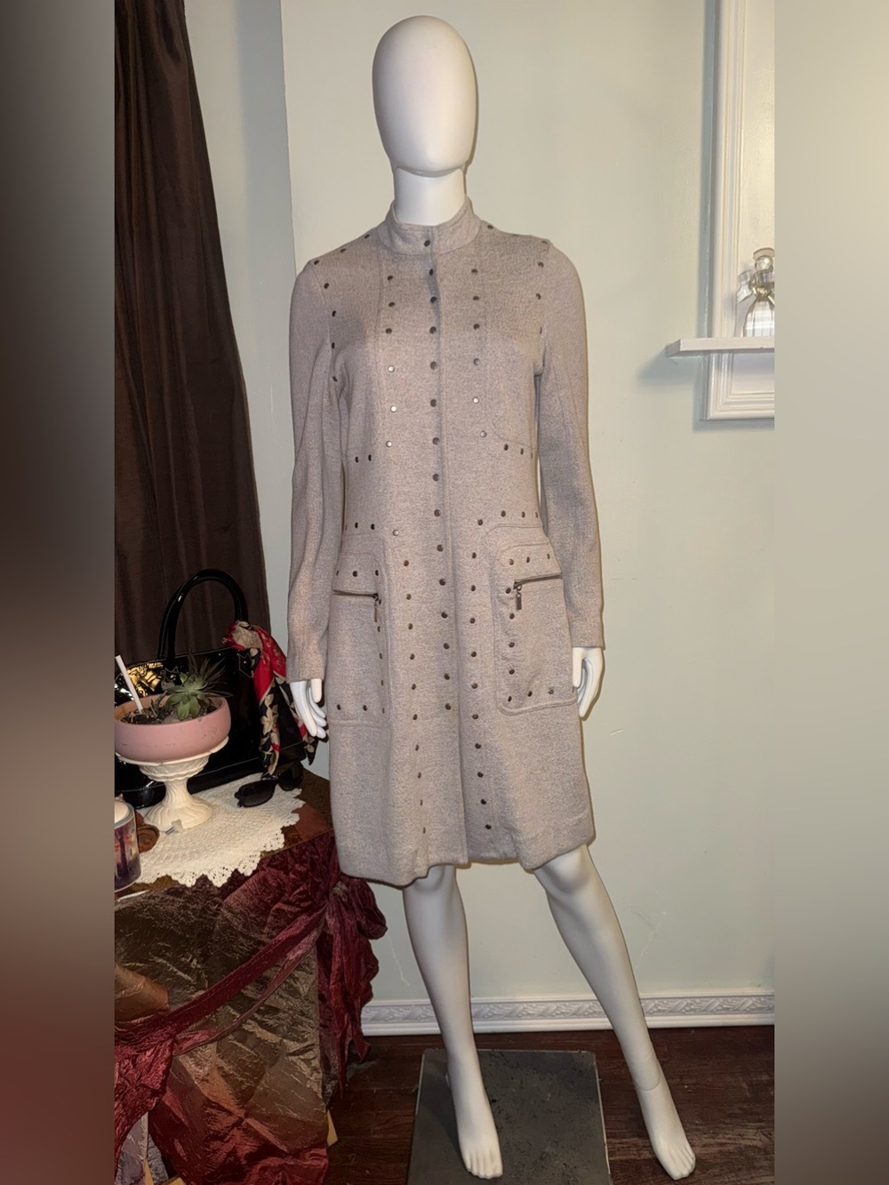 Nic+Zoe Stud-Embellished Heather Gray Long Sleeve Knit Duster Jacket